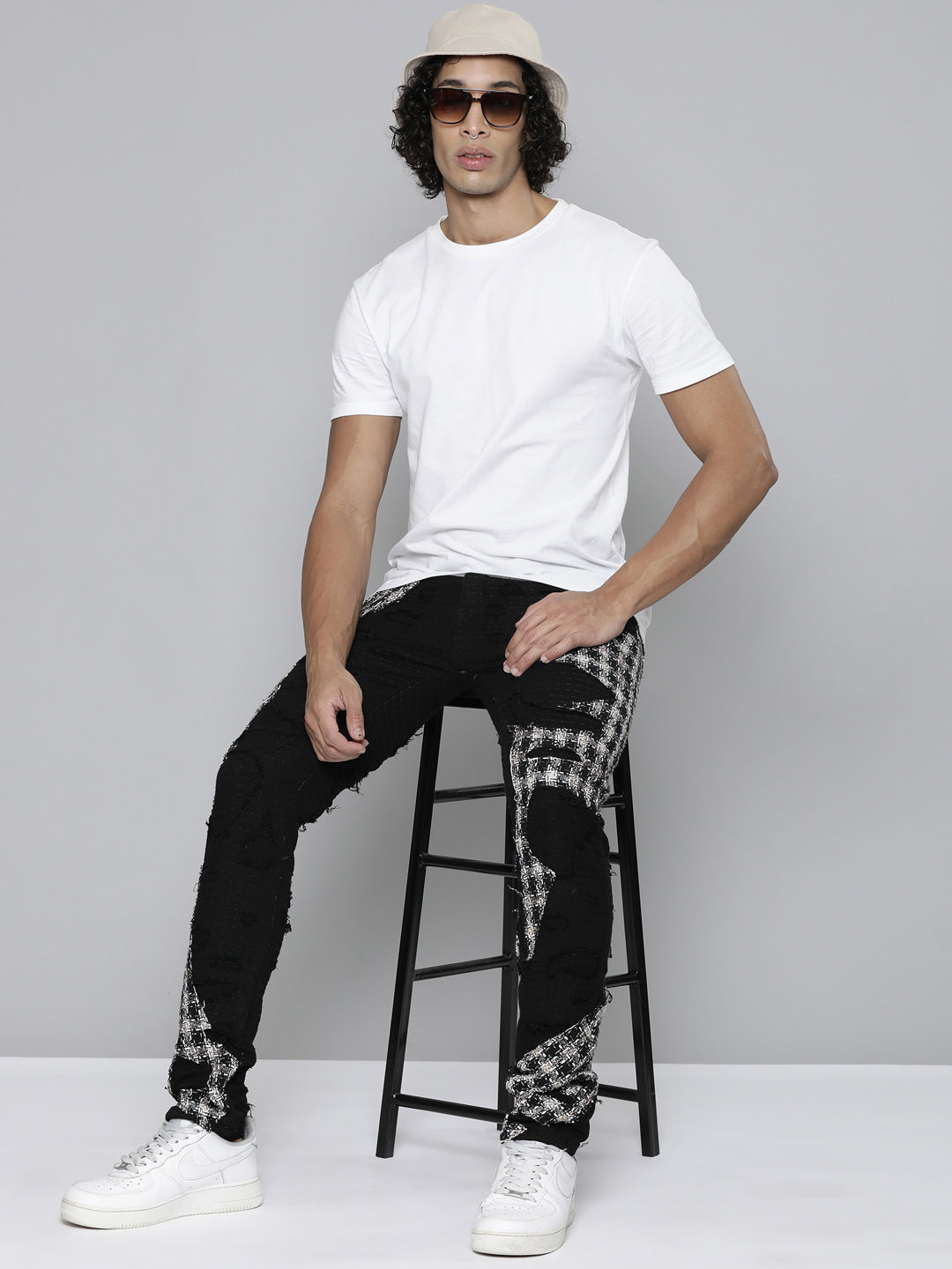 JET BLACK SKINNY JEAN WITH TWEED PATCHES