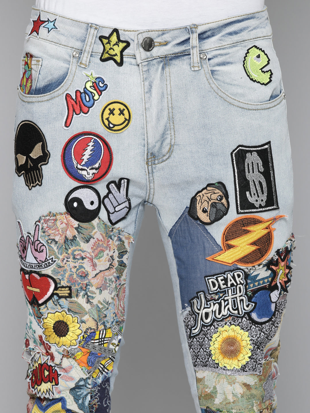 Blue Patchwork Stacked Jeans