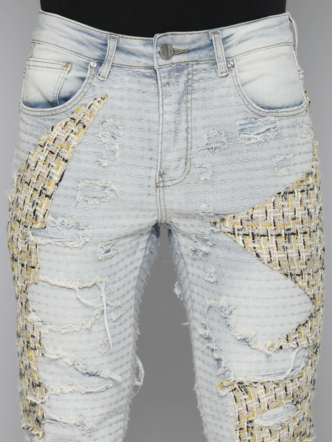 BLUE WASH SKINNY JEAN WITH TWEED PATCHES