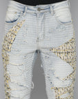 BLUE WASH SKINNY JEAN WITH TWEED PATCHES