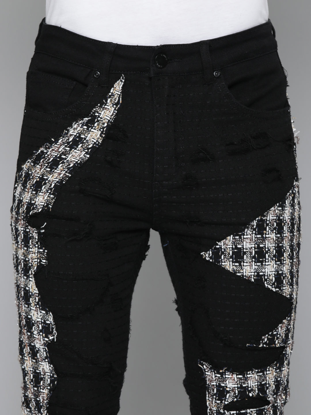 JET BLACK SKINNY JEAN WITH TWEED PATCHES