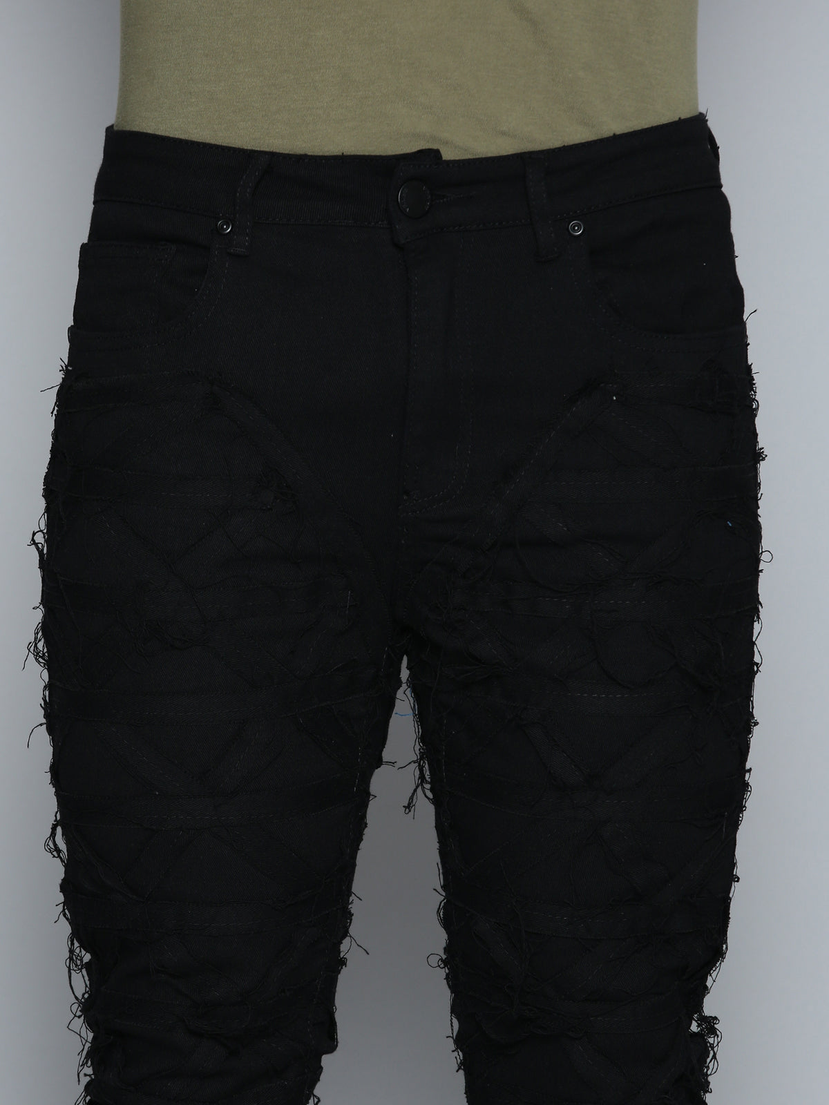 JET BLACK STACKED JEAN WITH FRINGE CUT AND SEW FROM TOP TO BOTTOM