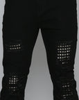 JET BLACK SKINNY JEAN WITH STUDDED BACKED RIPS