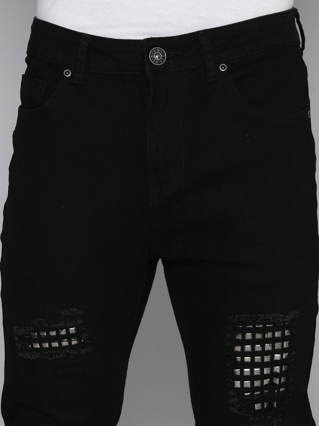 JET BLACK SKINNY JEAN WITH STUDDED BACKED RIPS
