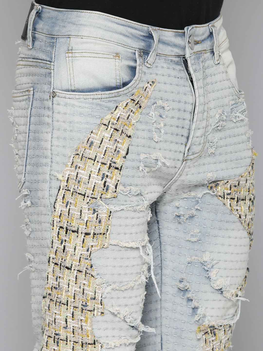 BLUE WASH SKINNY JEAN WITH TWEED PATCHES