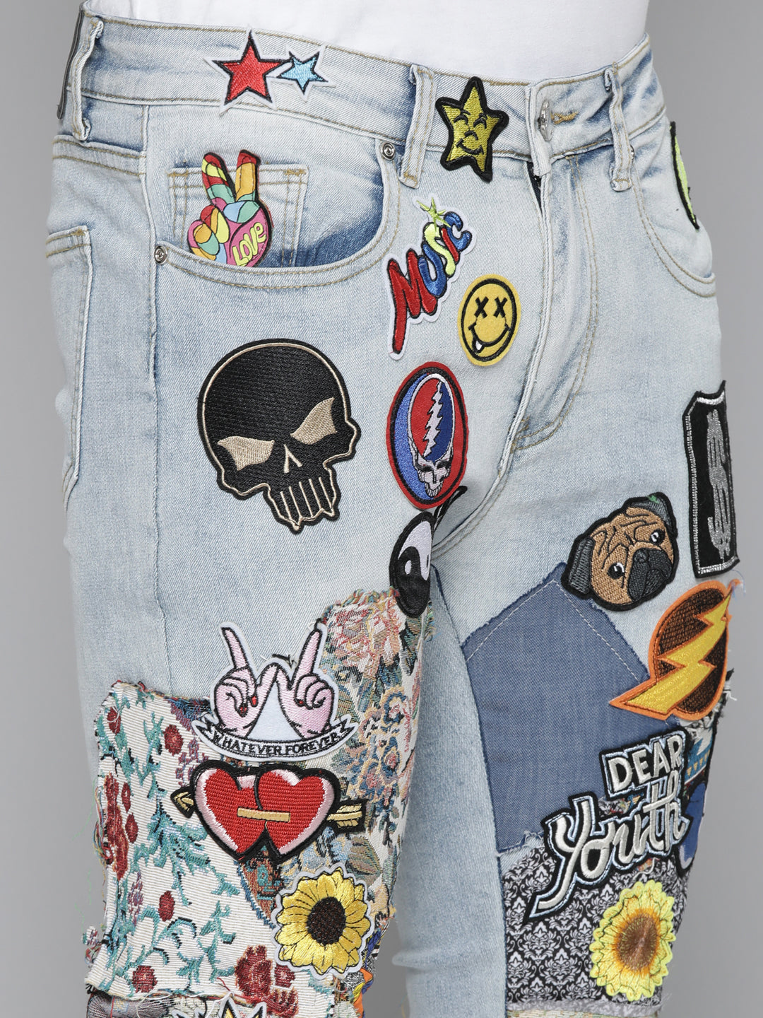 Blue Patchwork Stacked Jeans