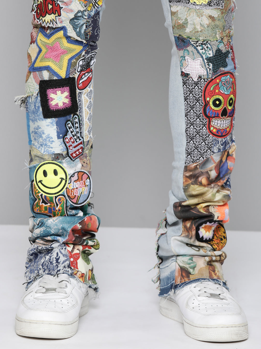 Blue Patchwork Stacked Jeans