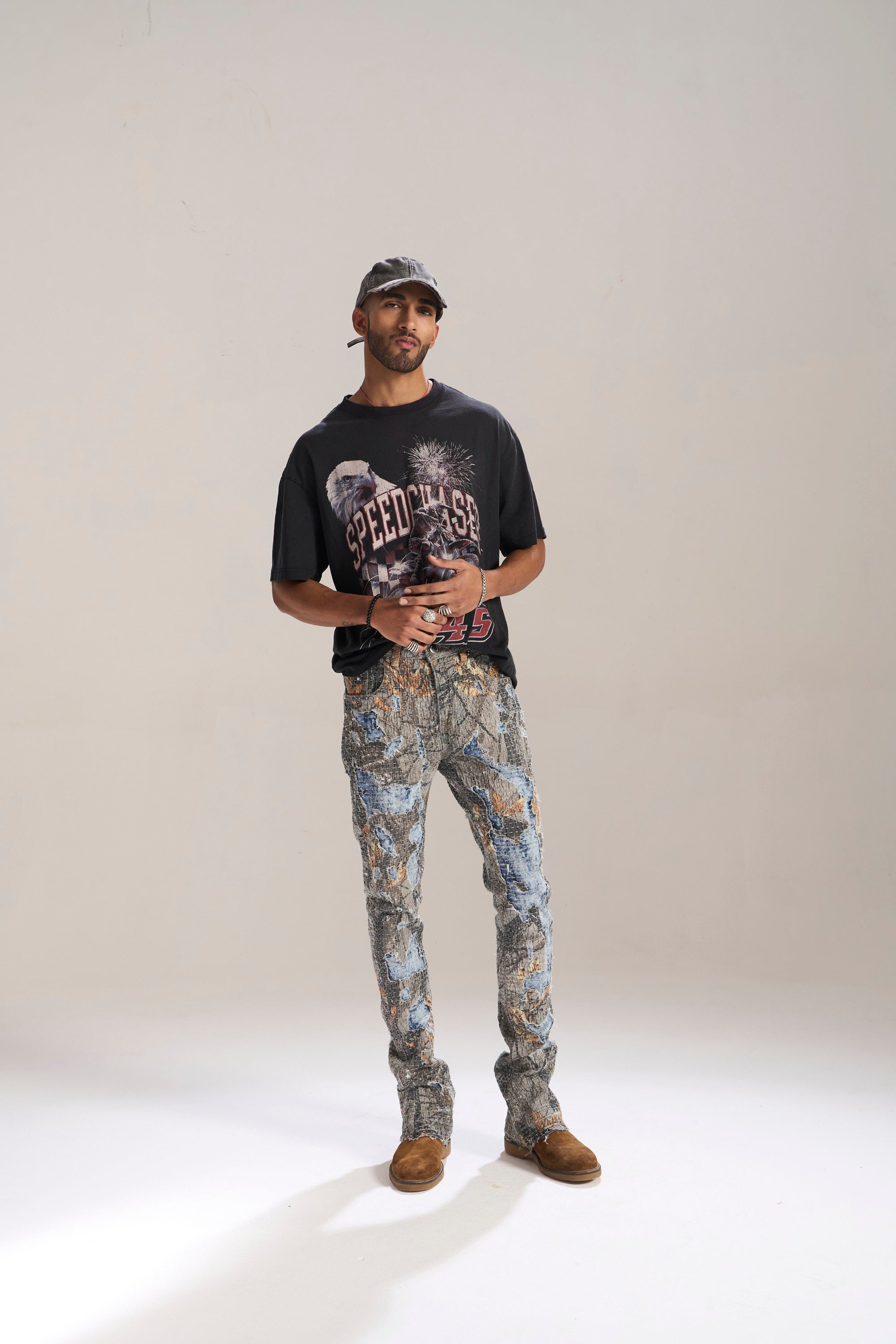 DESERT SUN CAMO ALL OVER PATCHWORK STACKED JEAN