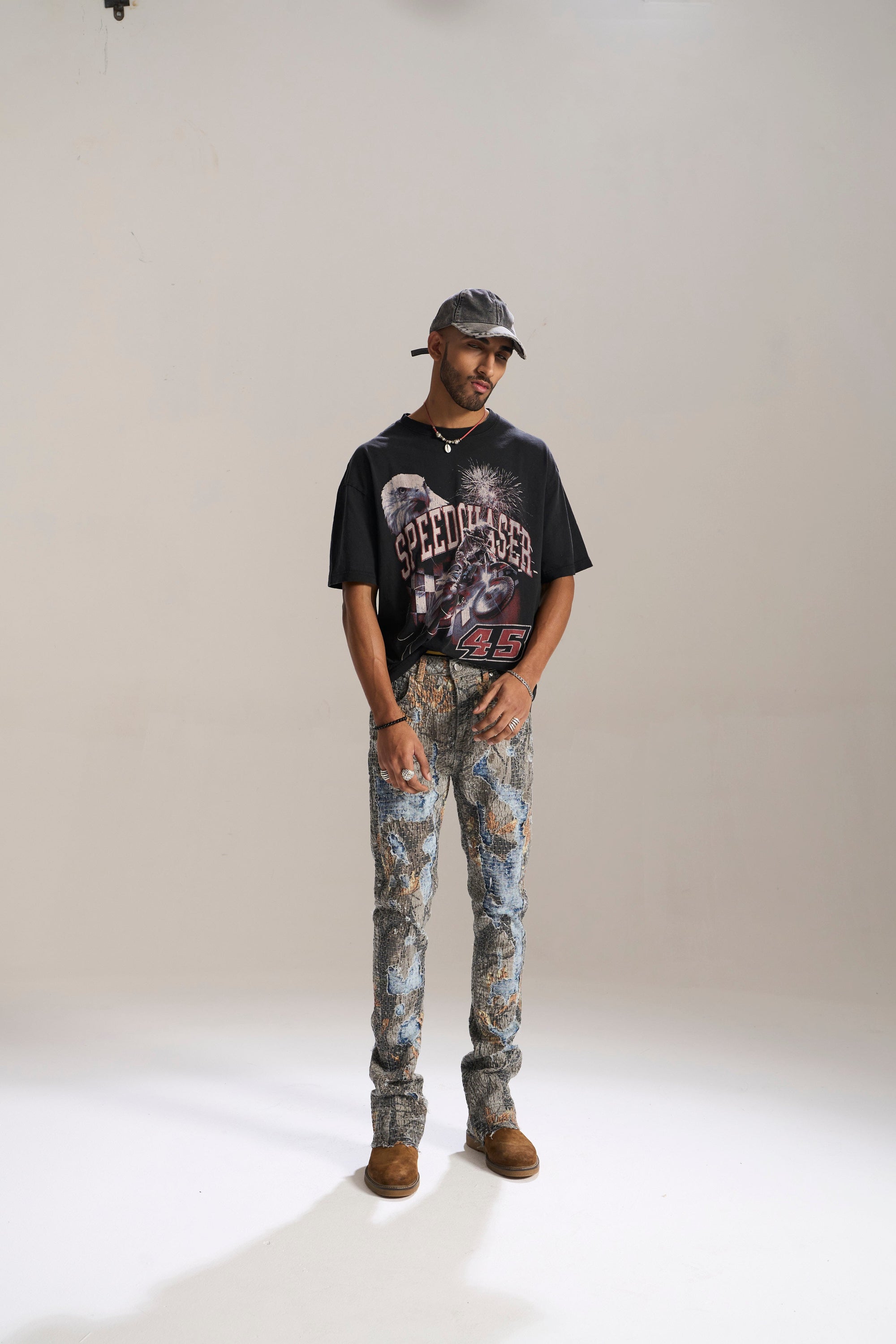 DESERT SUN CAMO ALL OVER PATCHWORK STACKED JEAN