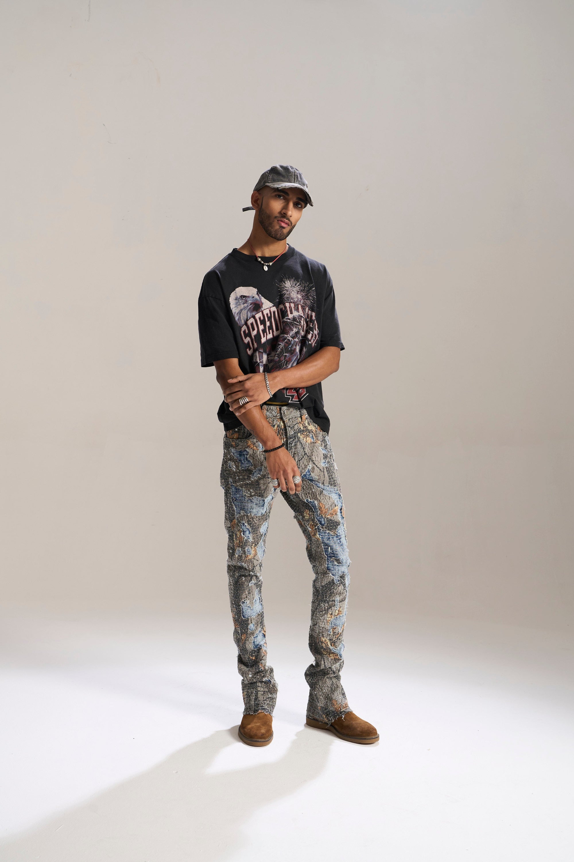 DESERT SUN CAMO ALL OVER PATCHWORK STACKED JEAN