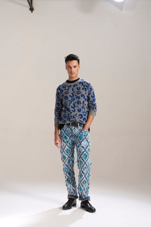 Blue Floral Cut & Sew Relaxed Jeans