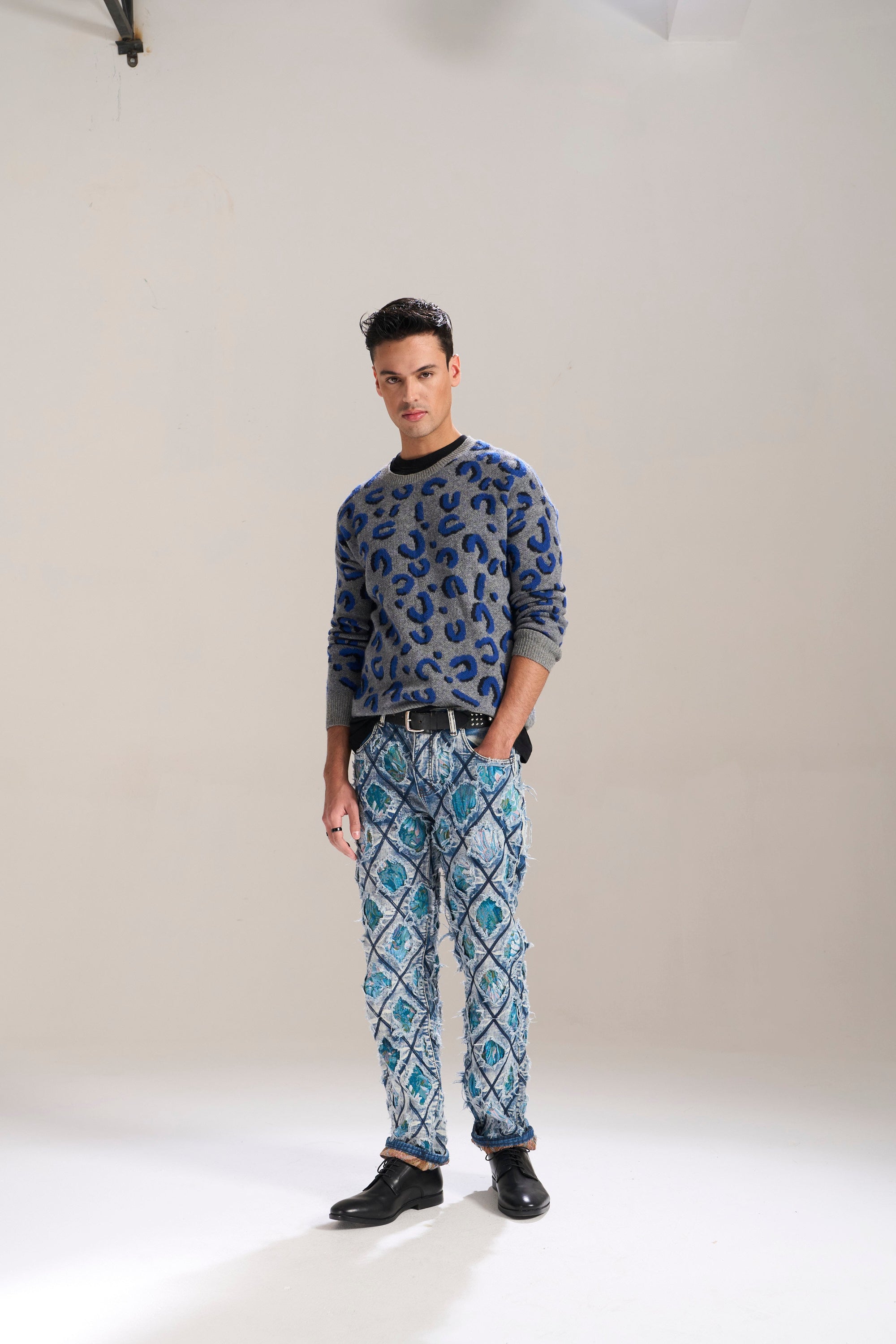 Blue Floral Cut & Sew Relaxed Jeans