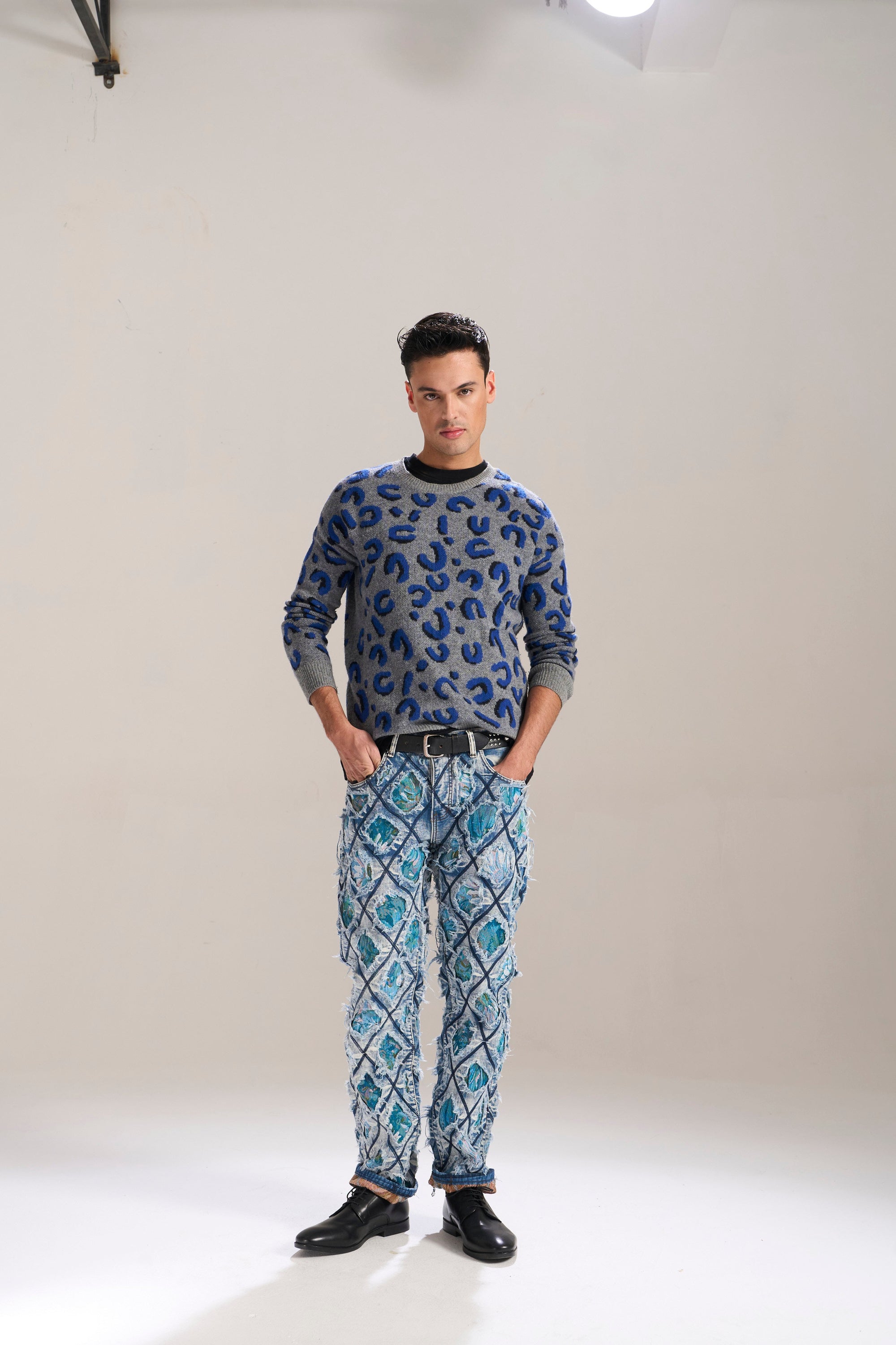 Blue Floral Cut & Sew Relaxed Jeans