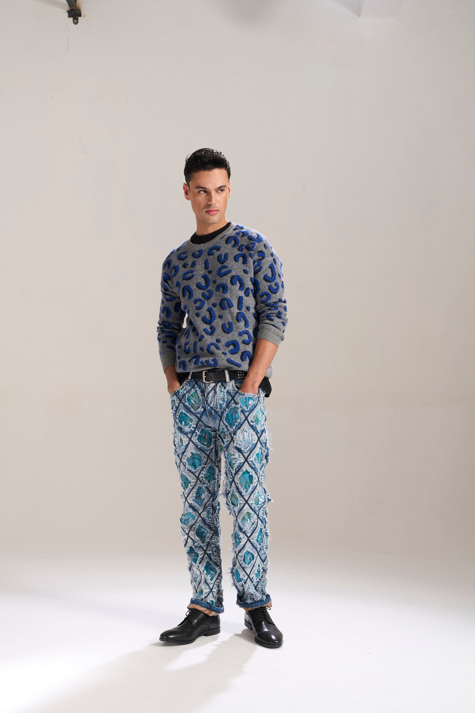 Blue Floral Cut & Sew Relaxed Jeans