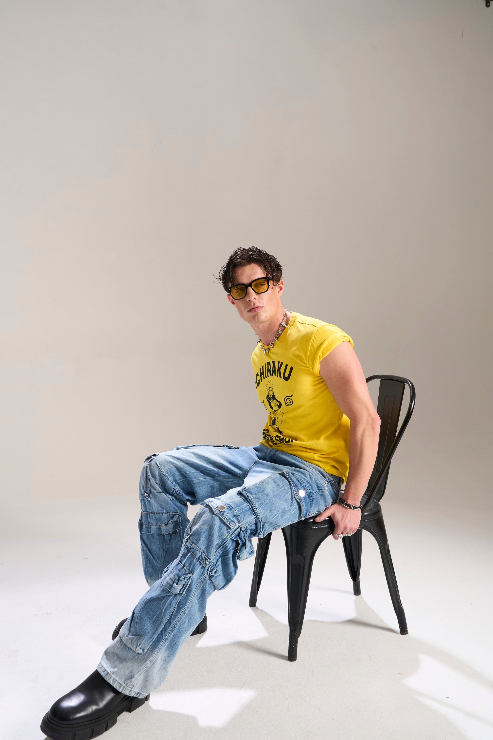 BLUE WASH BAGGY FIT JEAN WITH WHISKERS AND CARGO POCKETS