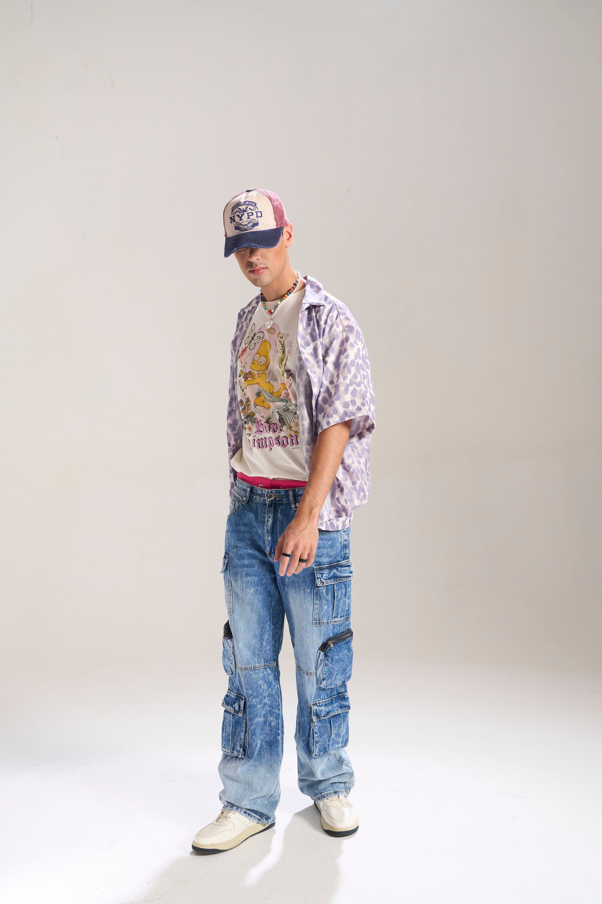 BLUE WASH BAGGY CARGO JEANS WITH BLASTING AND WHISKERS