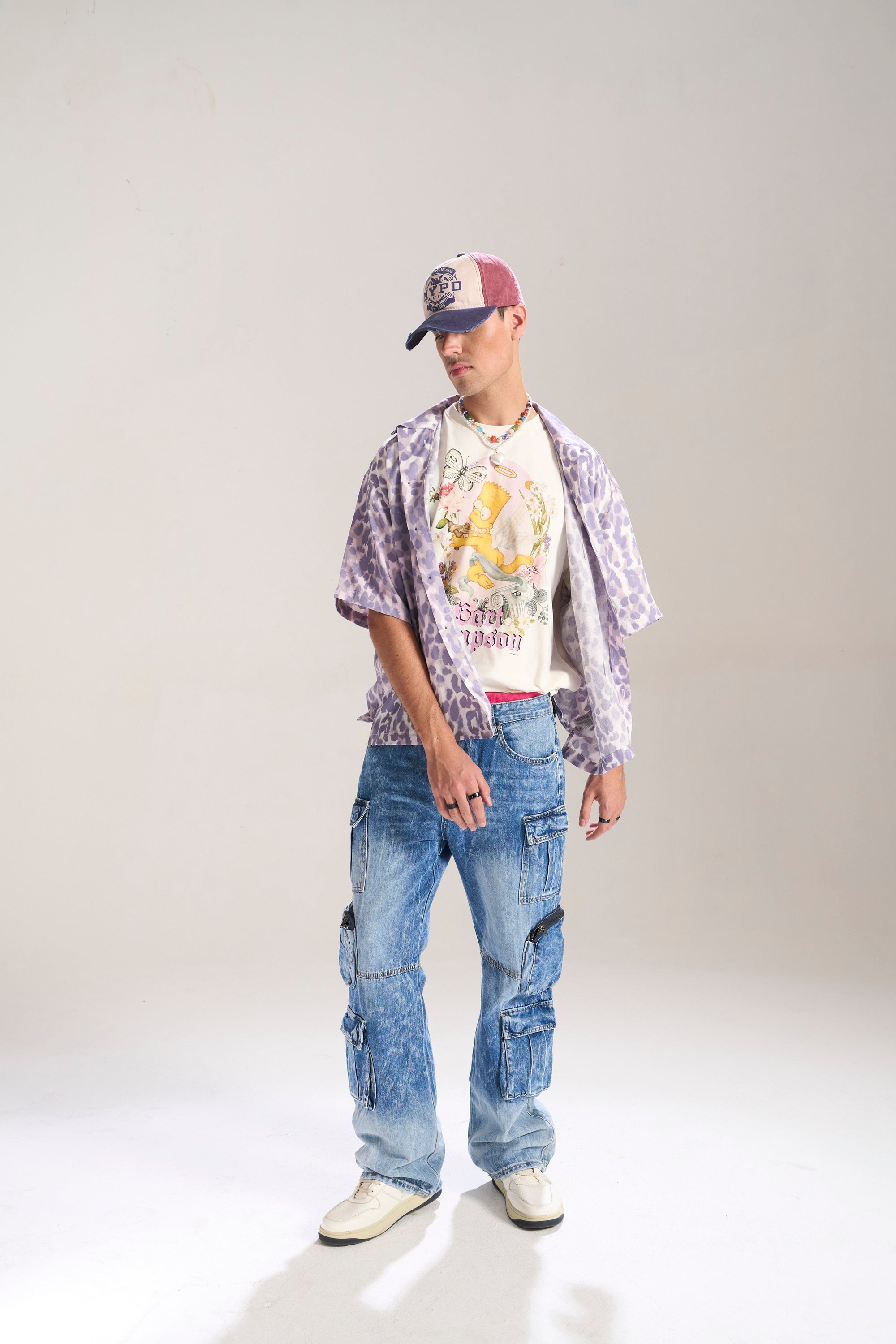 BLUE WASH BAGGY CARGO JEANS WITH BLASTING AND WHISKERS