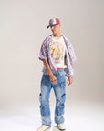 BLUE WASH BAGGY CARGO JEANS WITH BLASTING AND WHISKERS