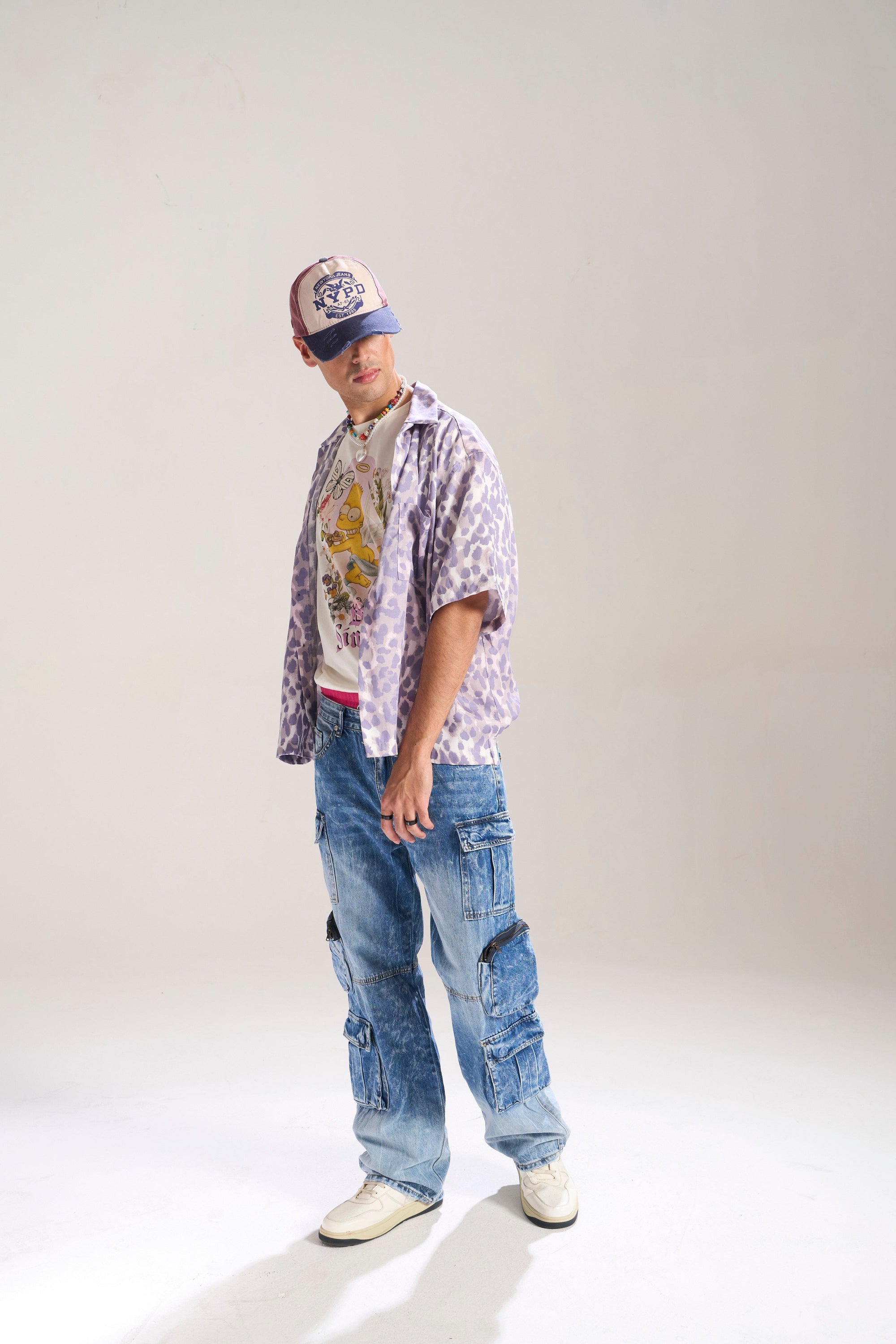 BLUE WASH BAGGY CARGO JEANS WITH BLASTING AND WHISKERS