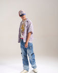 BLUE WASH BAGGY CARGO JEANS WITH BLASTING AND WHISKERS