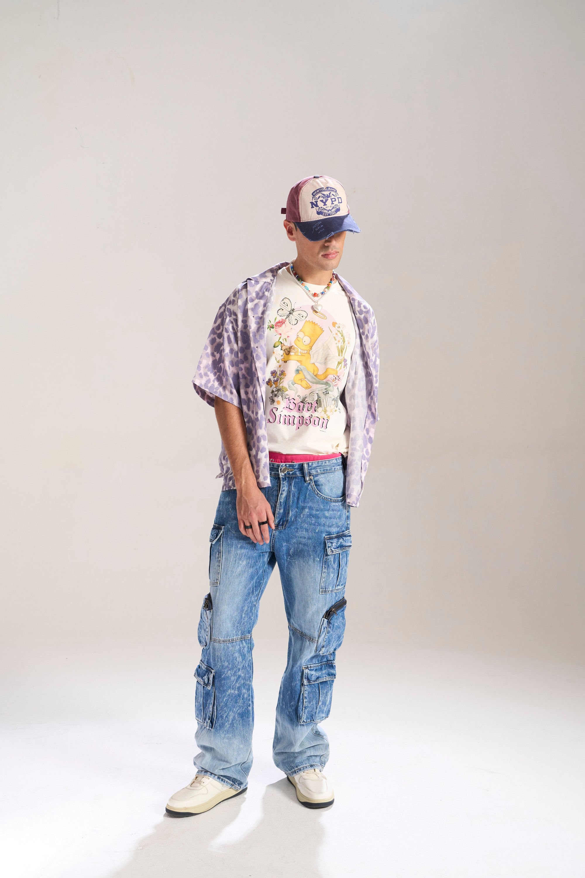 BLUE WASH BAGGY CARGO JEANS WITH BLASTING AND WHISKERS