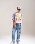 BLUE WASH BAGGY CARGO JEANS WITH BLASTING AND WHISKERS