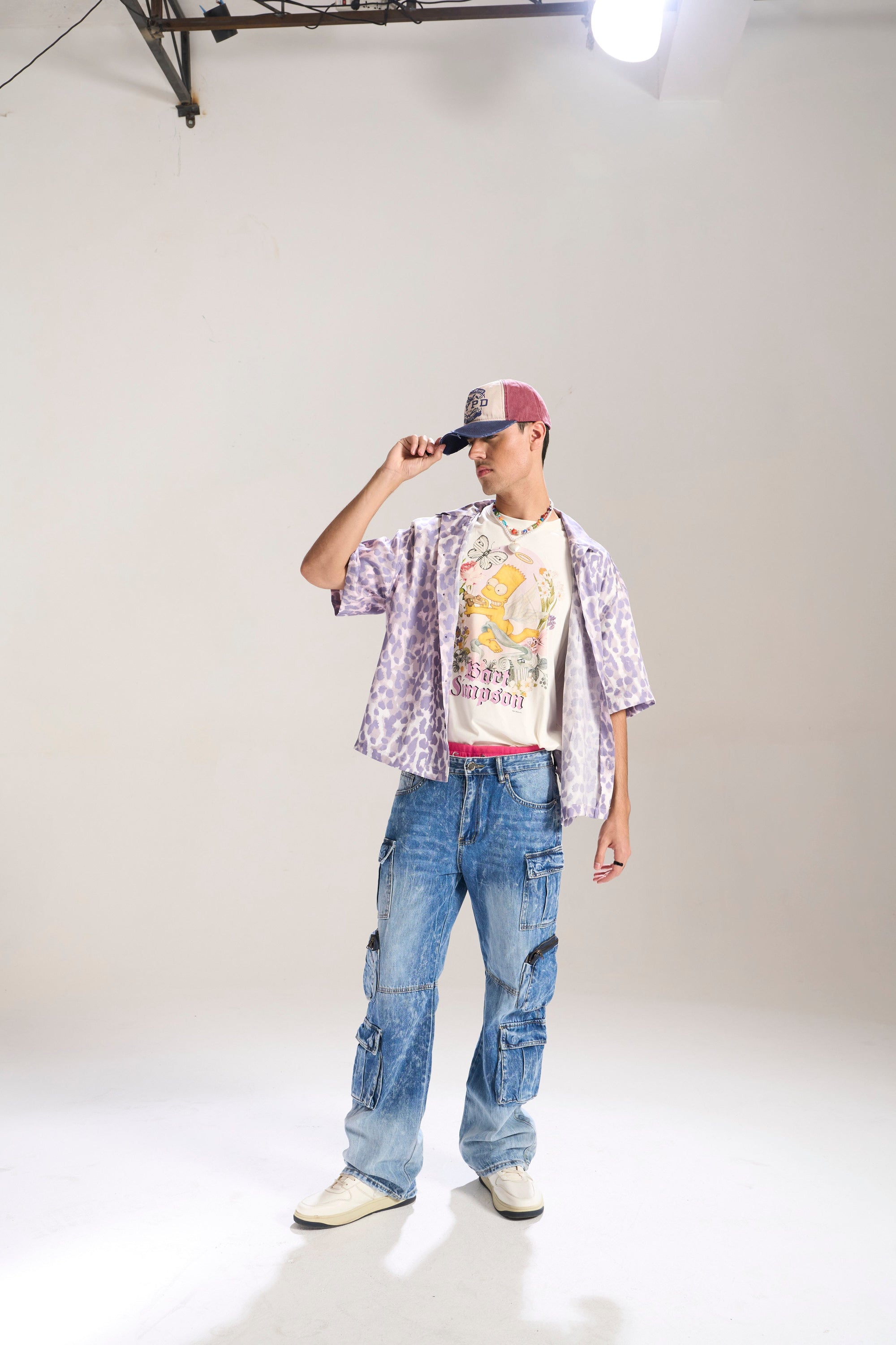 BLUE WASH BAGGY CARGO JEANS WITH BLASTING AND WHISKERS