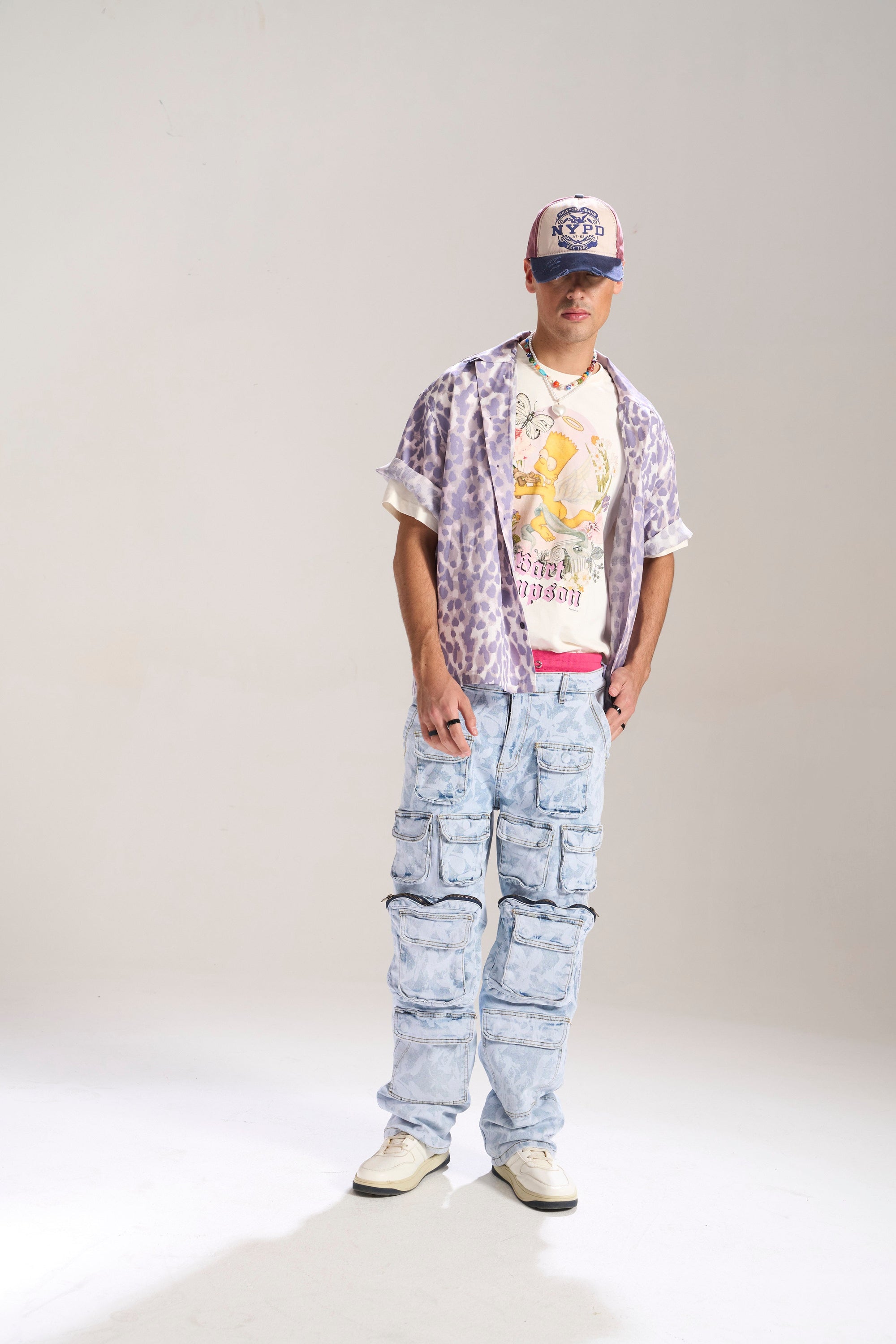 Blue Floral Baggy Jeans with Cargo Pockets