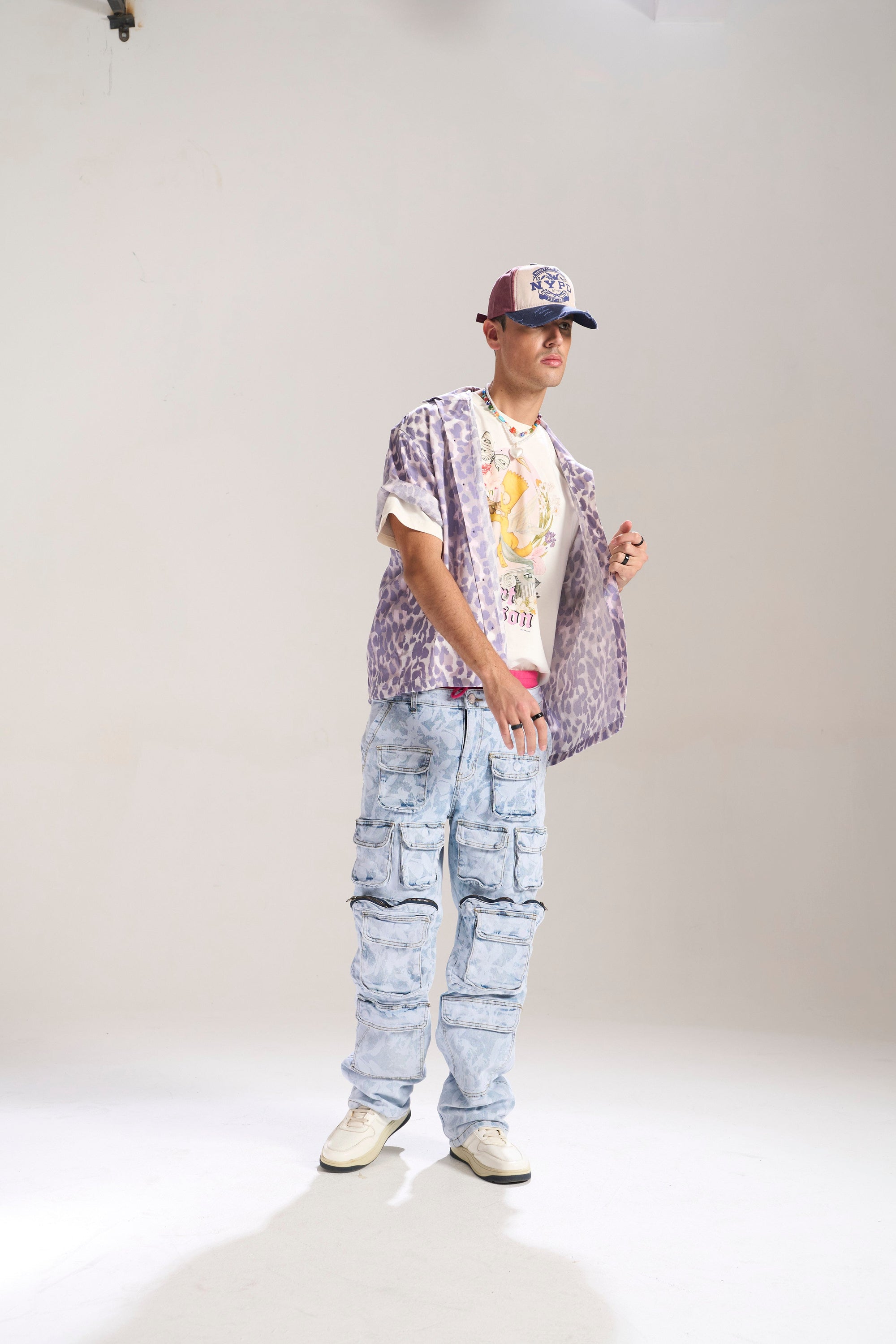 Blue Floral Baggy Jeans with Cargo Pockets