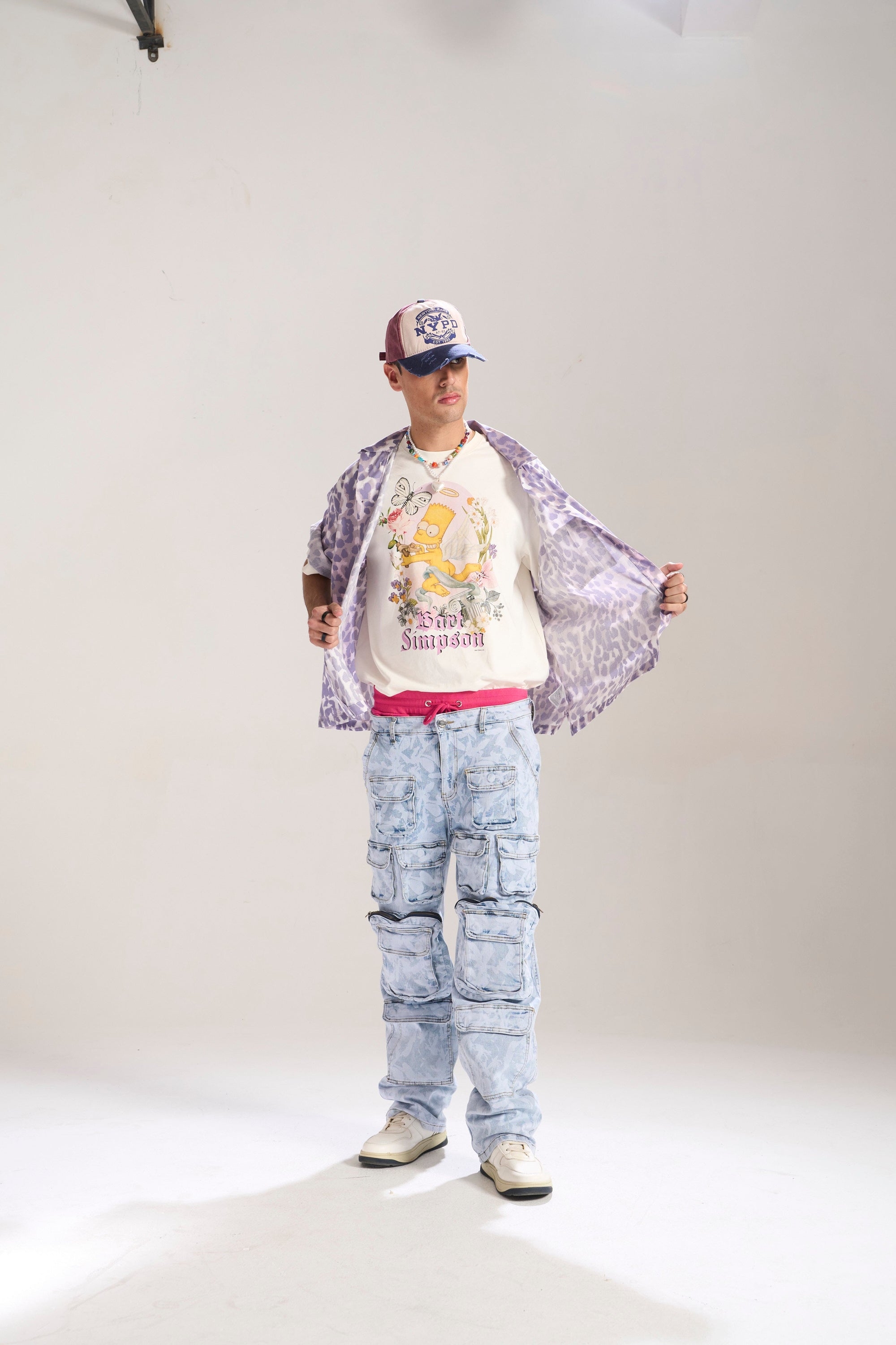 Blue Floral Baggy Jeans with Cargo Pockets