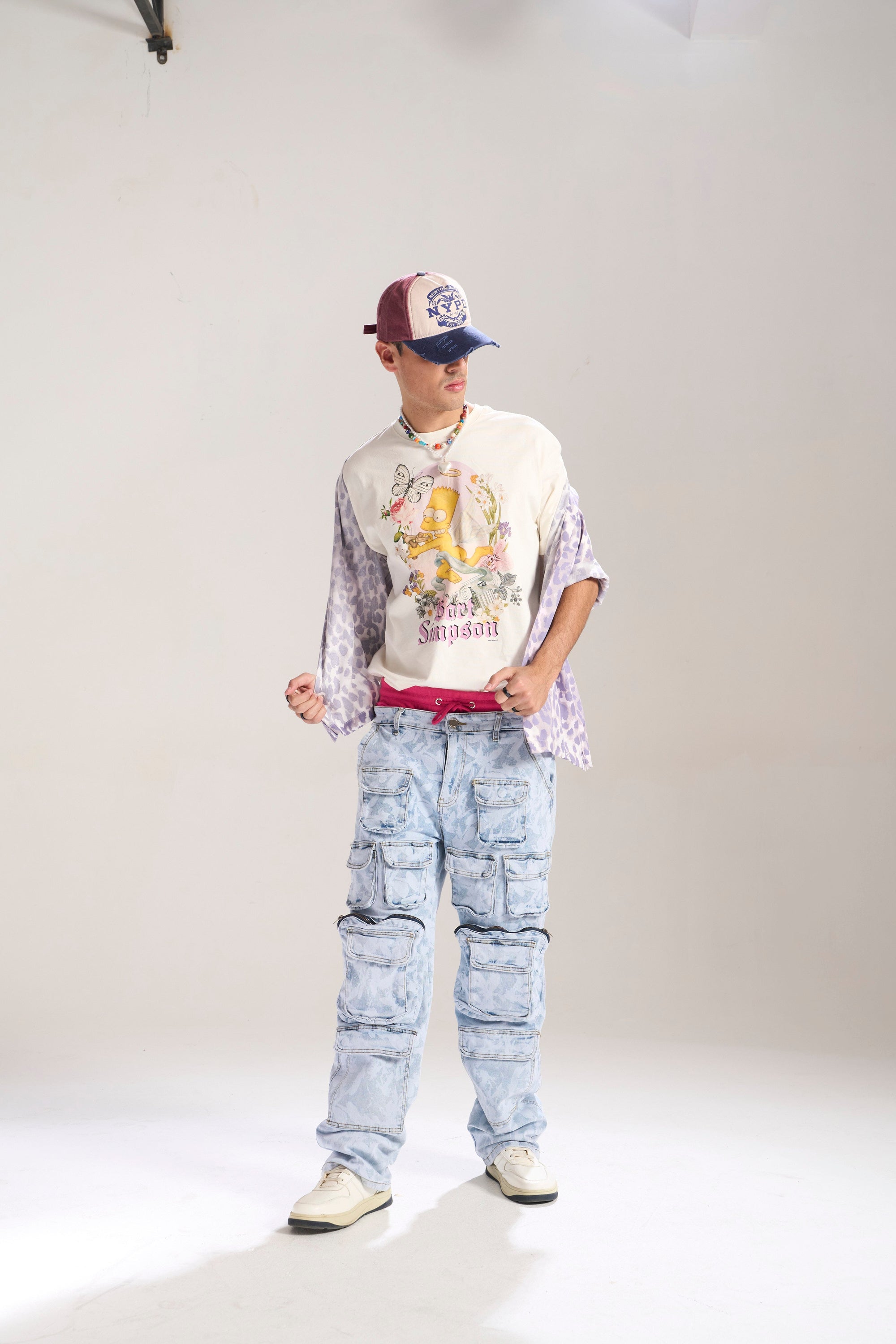 Blue Floral Baggy Jeans with Cargo Pockets