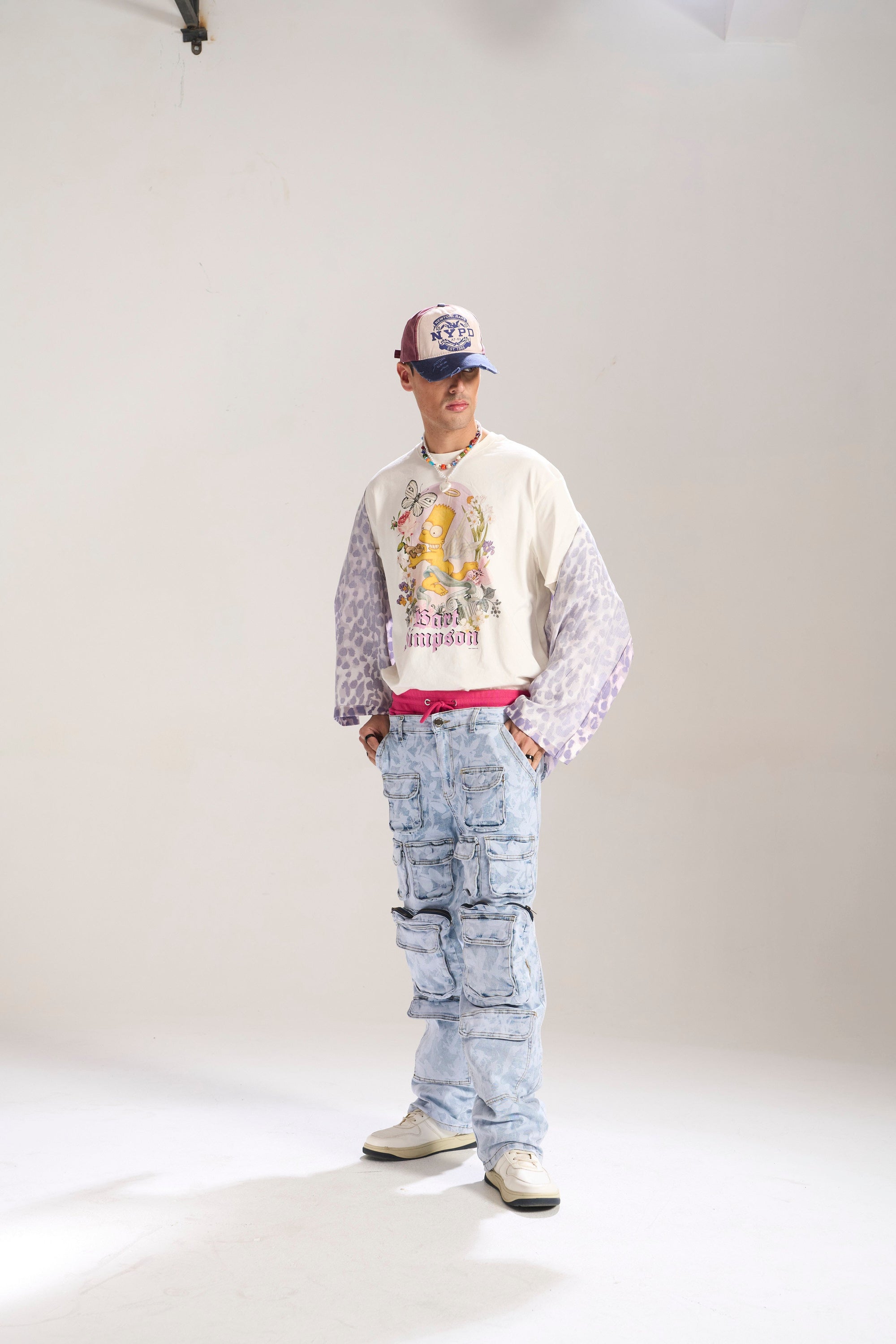 Blue Floral Baggy Jeans with Cargo Pockets
