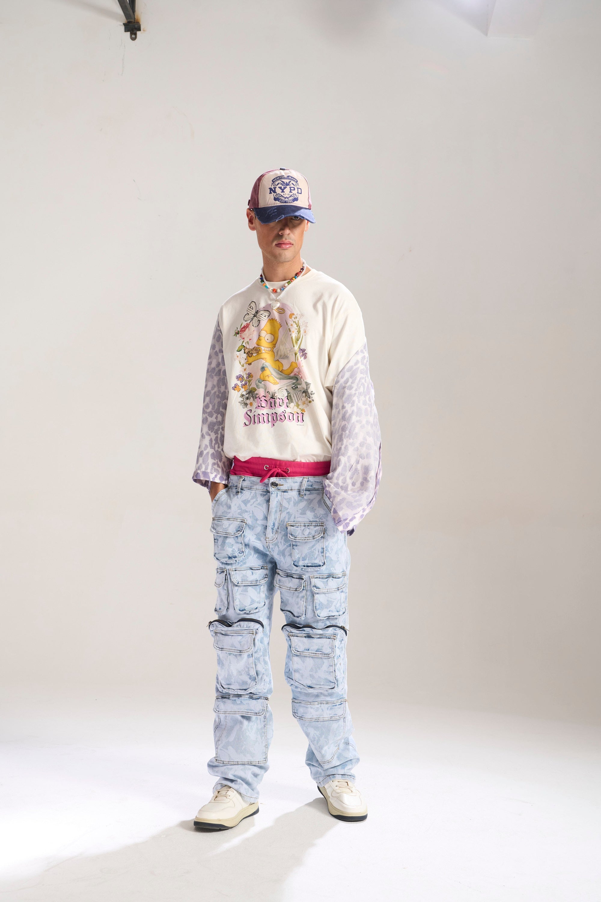 Blue Floral Baggy Jeans with Cargo Pockets