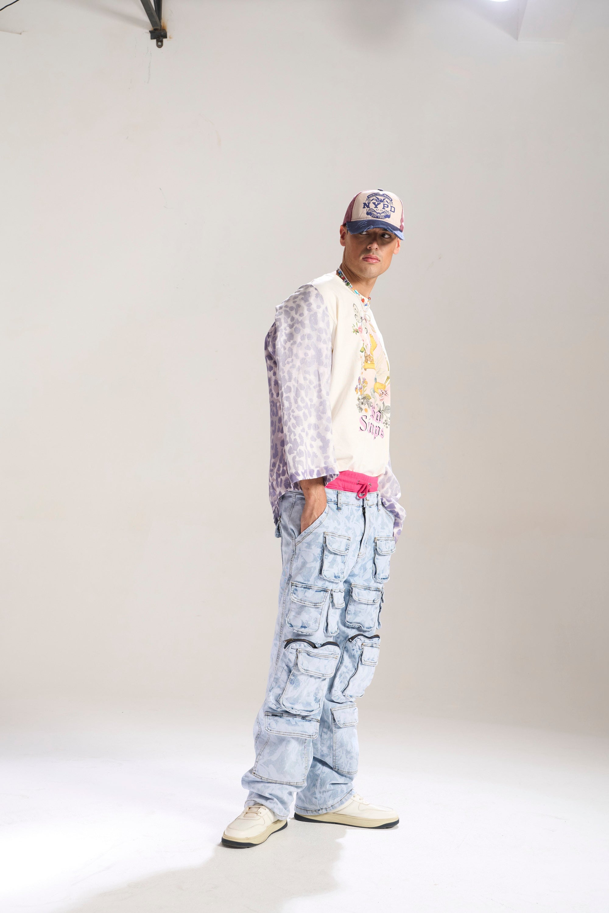 Blue Floral Baggy Jeans with Cargo Pockets