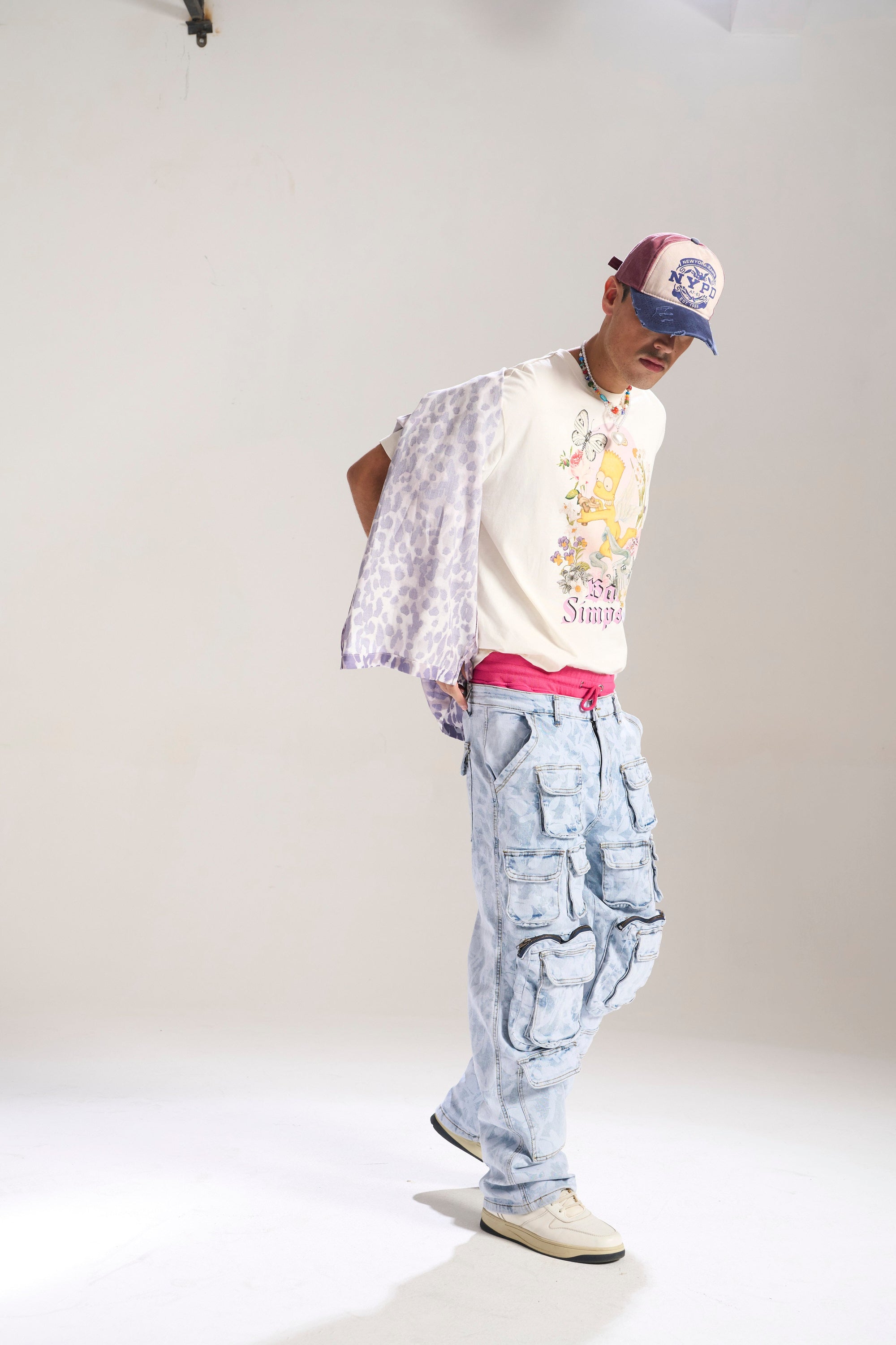 Blue Floral Baggy Jeans with Cargo Pockets