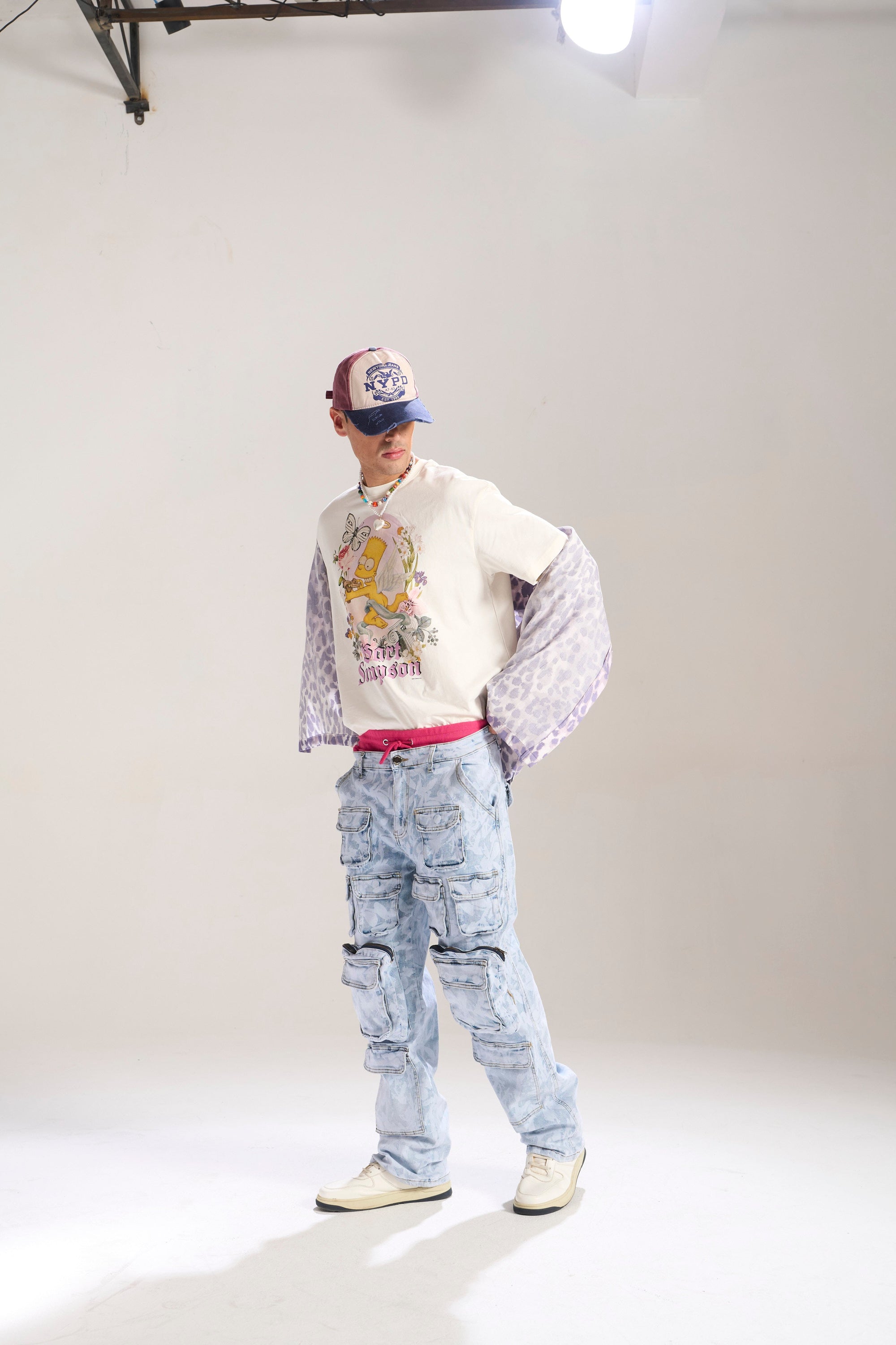 Blue Floral Baggy Jeans with Cargo Pockets