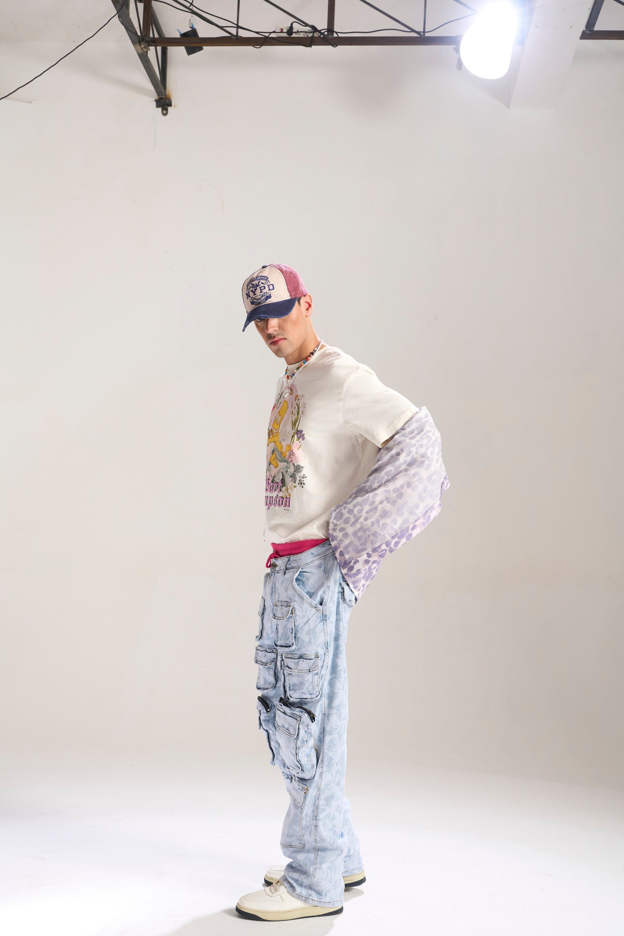 Blue Floral Baggy Jeans with Cargo Pockets