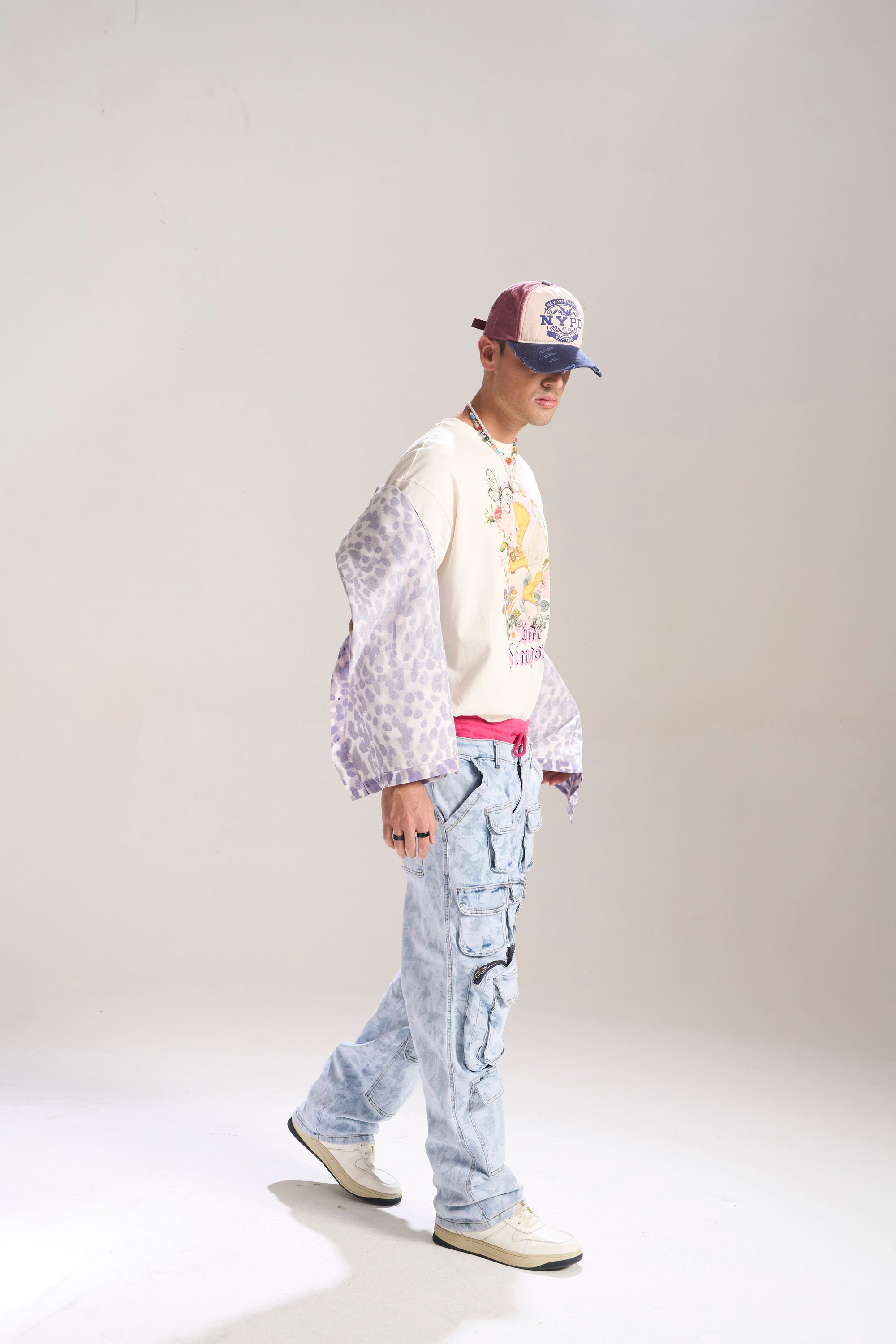 Blue Floral Baggy Jeans with Cargo Pockets