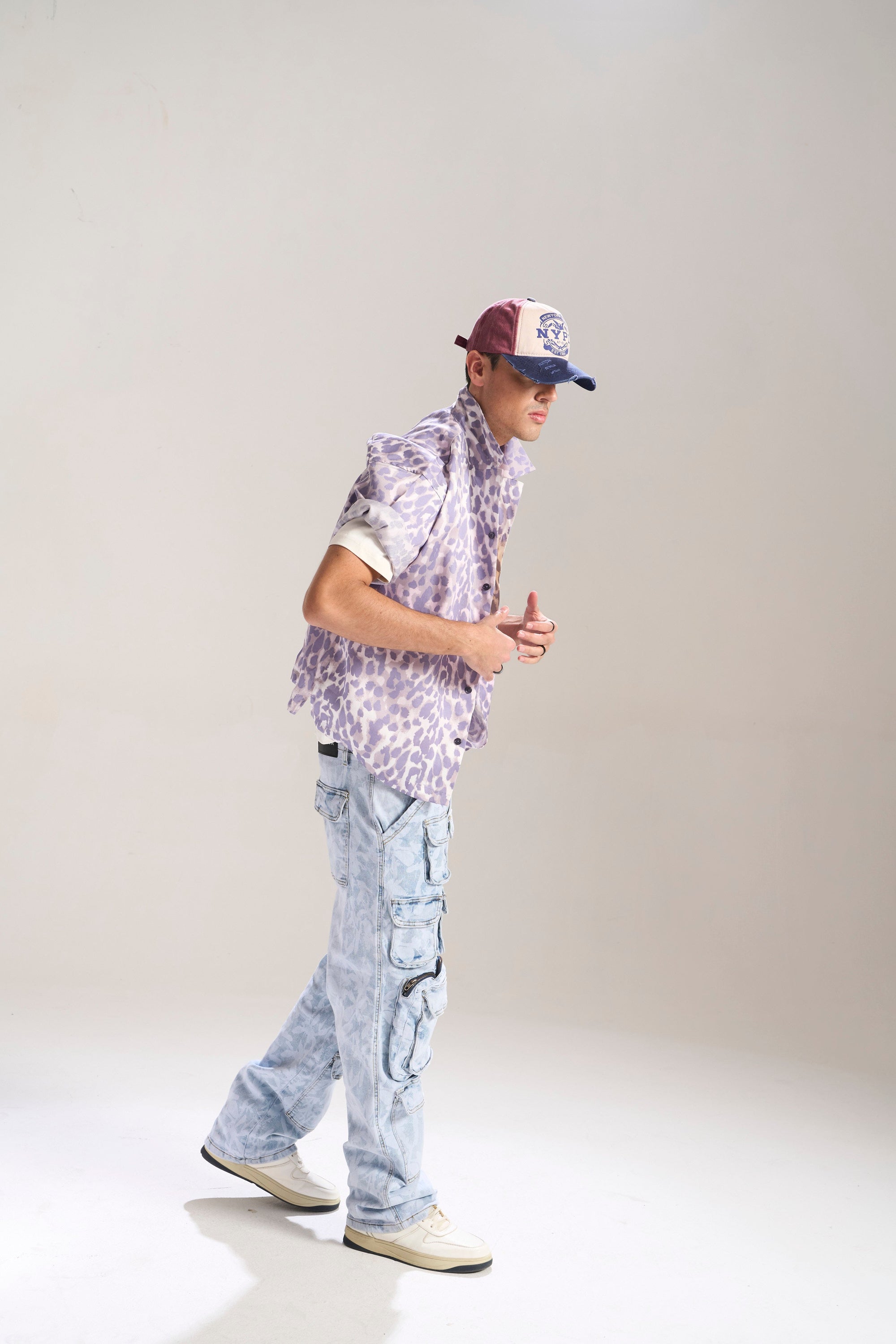 Blue Floral Baggy Jeans with Cargo Pockets