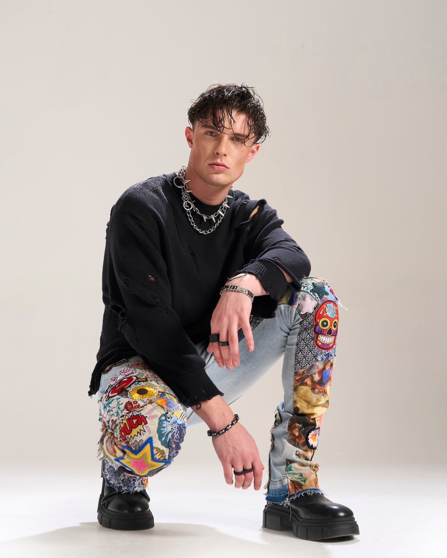 Blue Patchwork Stacked Jeans