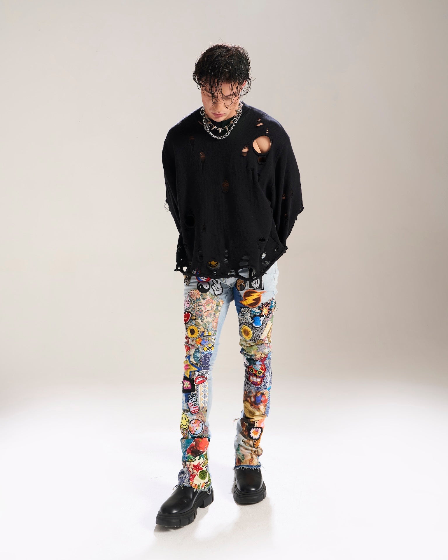 Blue Patchwork Stacked Jeans