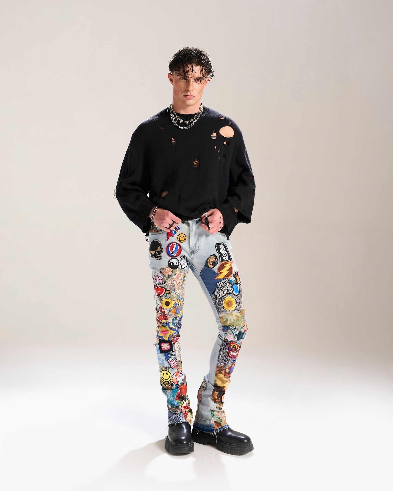 Blue Patchwork Stacked Jeans