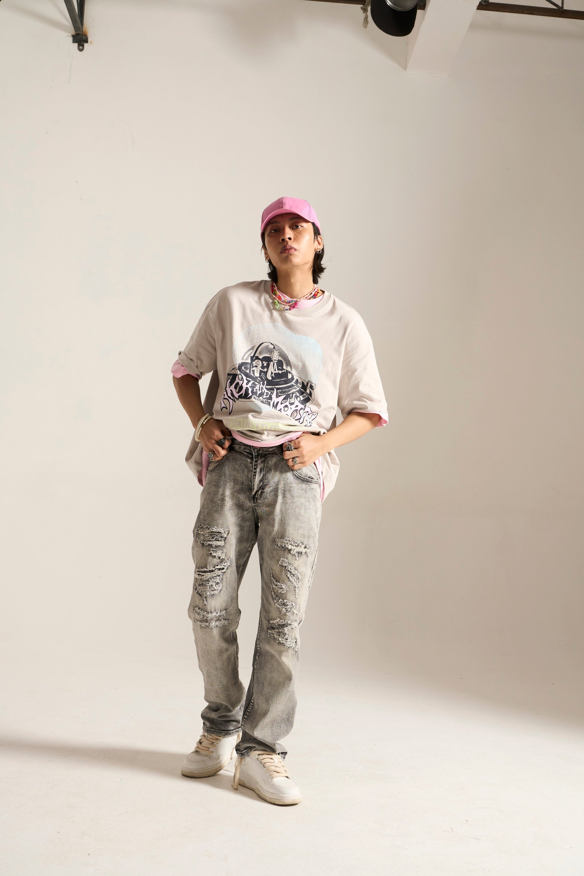 GREY BLEACH RELAXED FIT JEAN WITH RIPS AND REPAIR