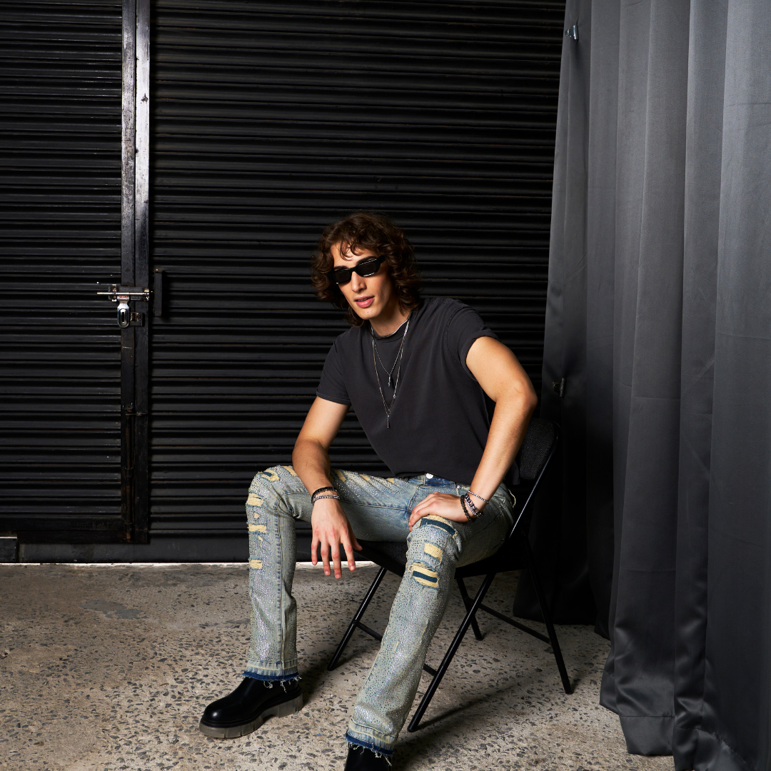 Waimea Men's Stacked Fit Jeans with Rhinestones Front and Back