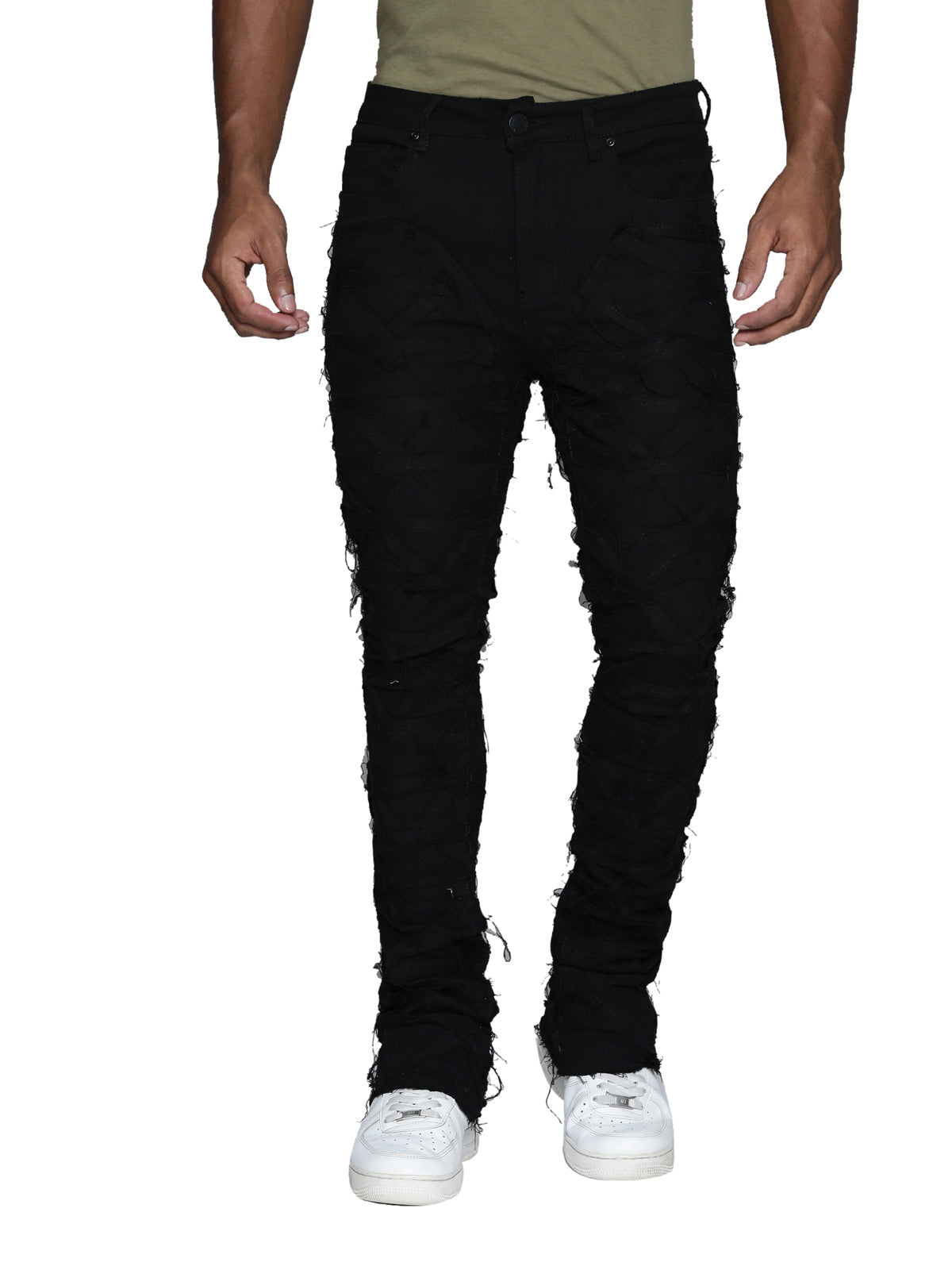 Jet Black Distressed and Frayed Rips Stacked Denims