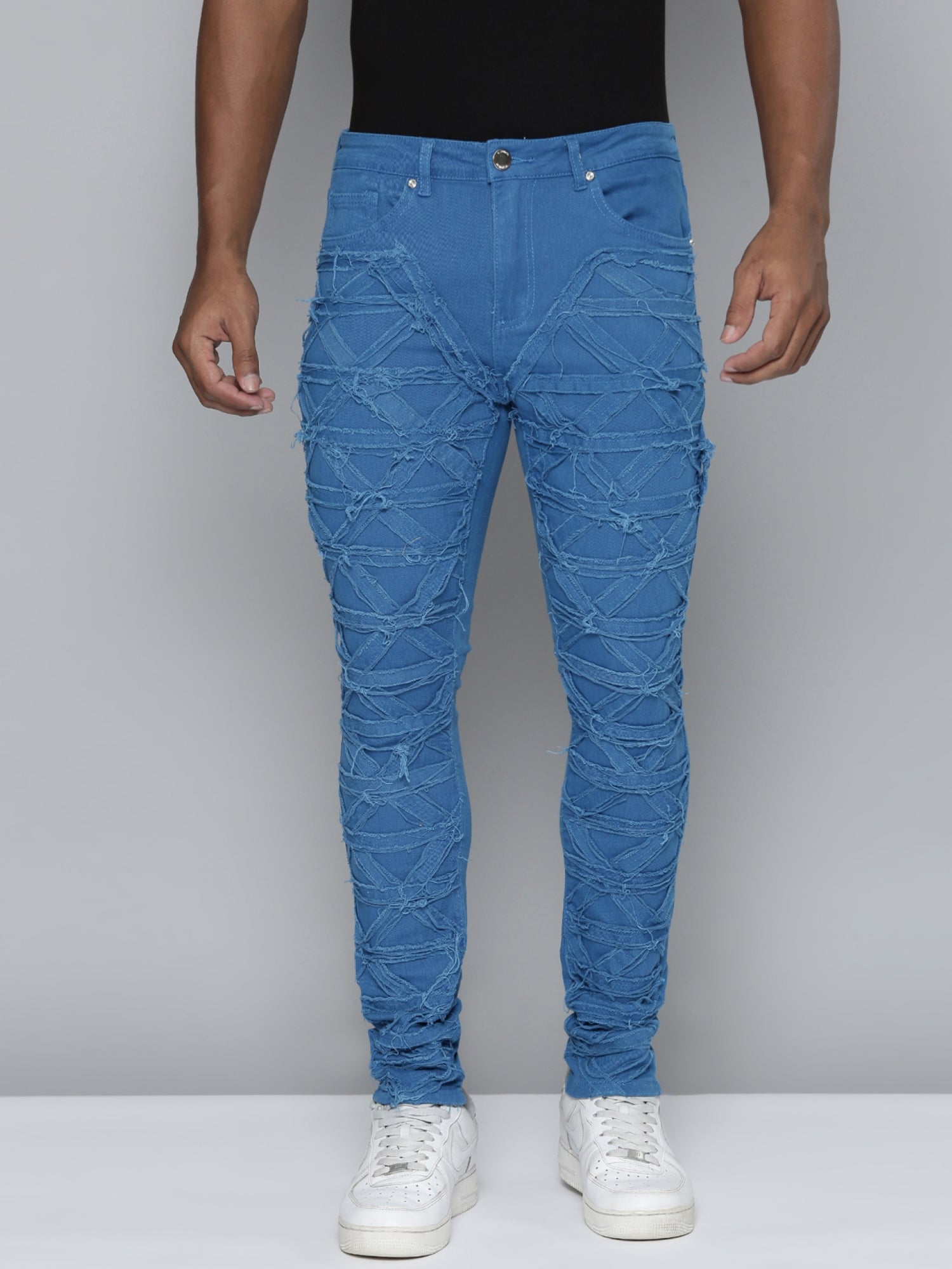 Cobalt Blue Distressed and Frayed Rips Skinny Denims